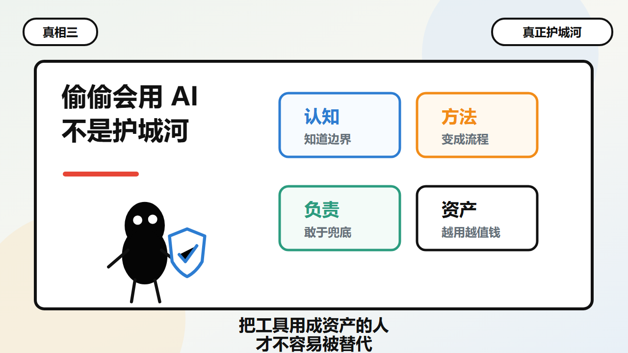 真正的护城河,不是偷偷会用 AI,而是把认知、方法、责任和资产沉淀下来。