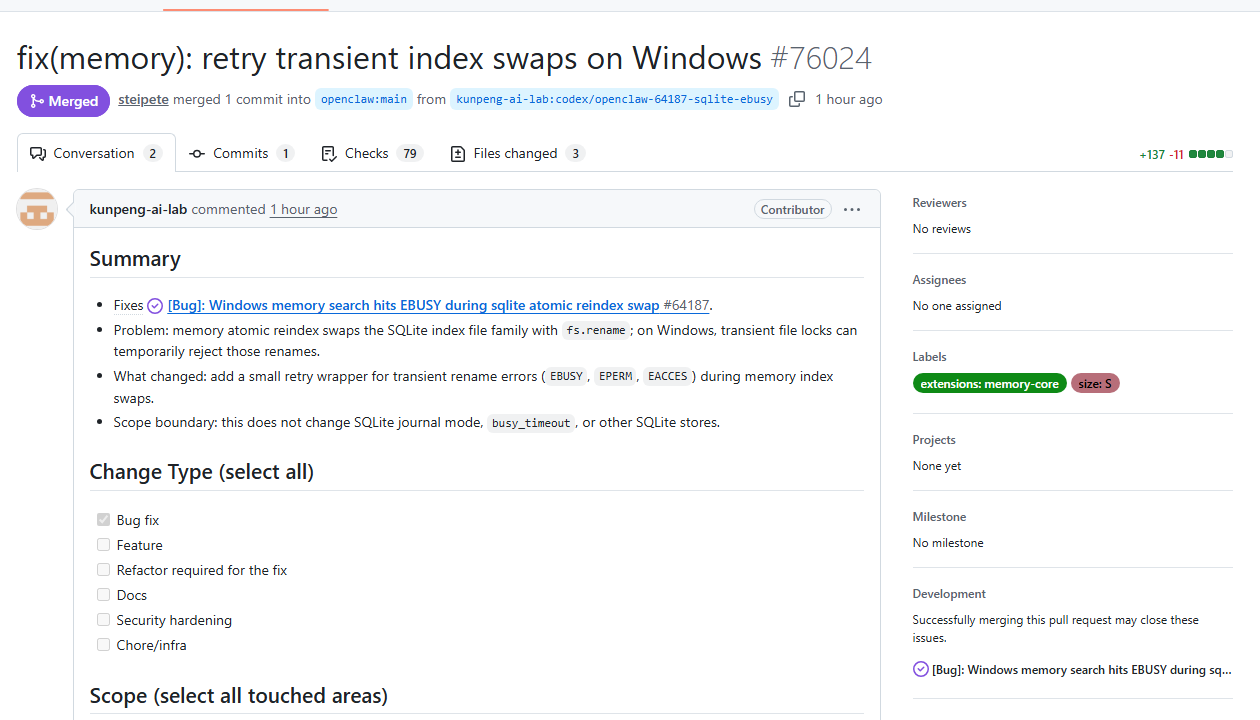 OpenClaw PR #76024 官方合并截图